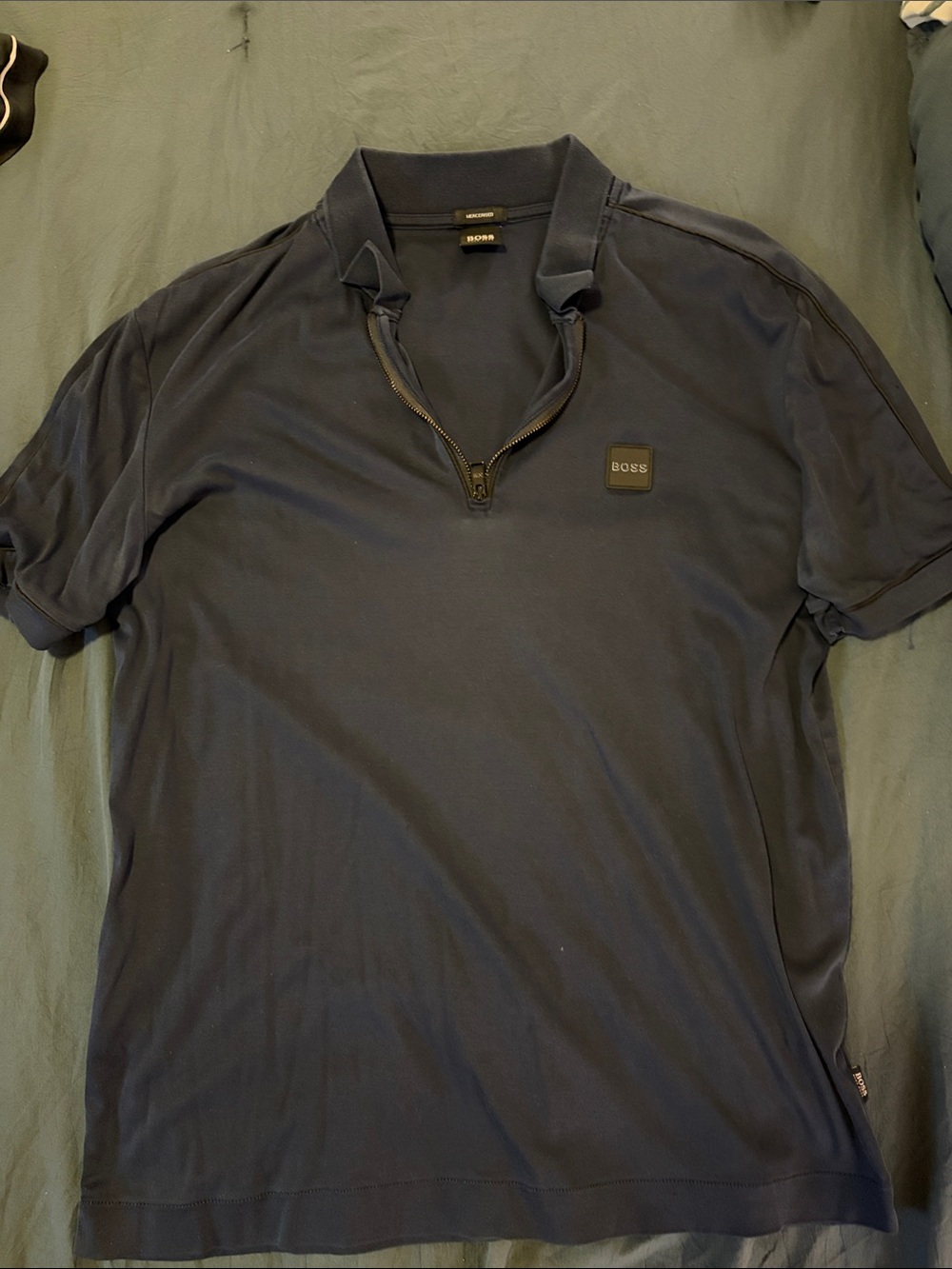 BOSS Navy Short-Sleeve Zip Polo